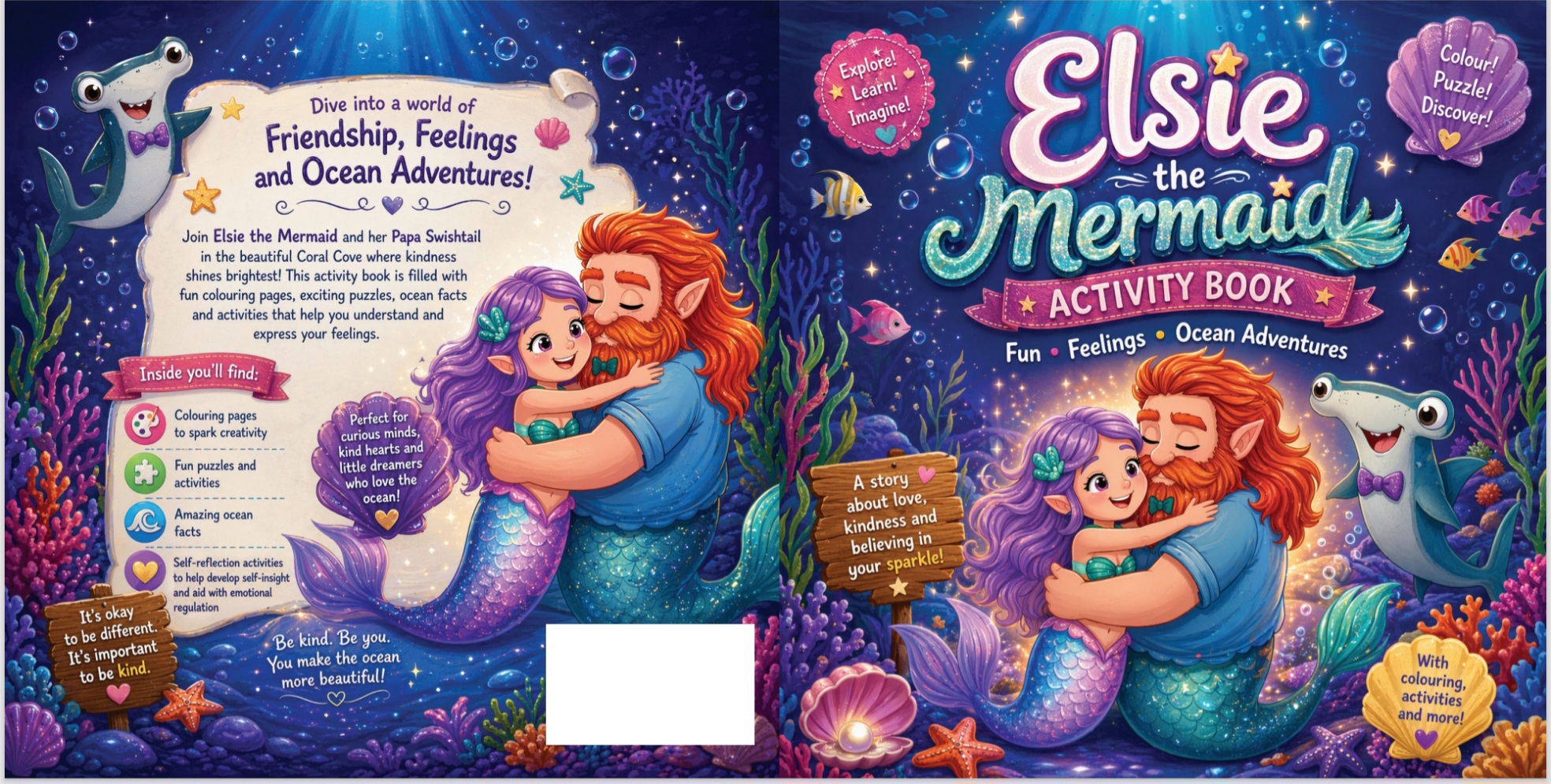 Elsie the Mermaid Activity Book - Fun, Feelings, Ocean Adventures - Full cover spread showing Elsie, Papa Swishtail, and ocean friends