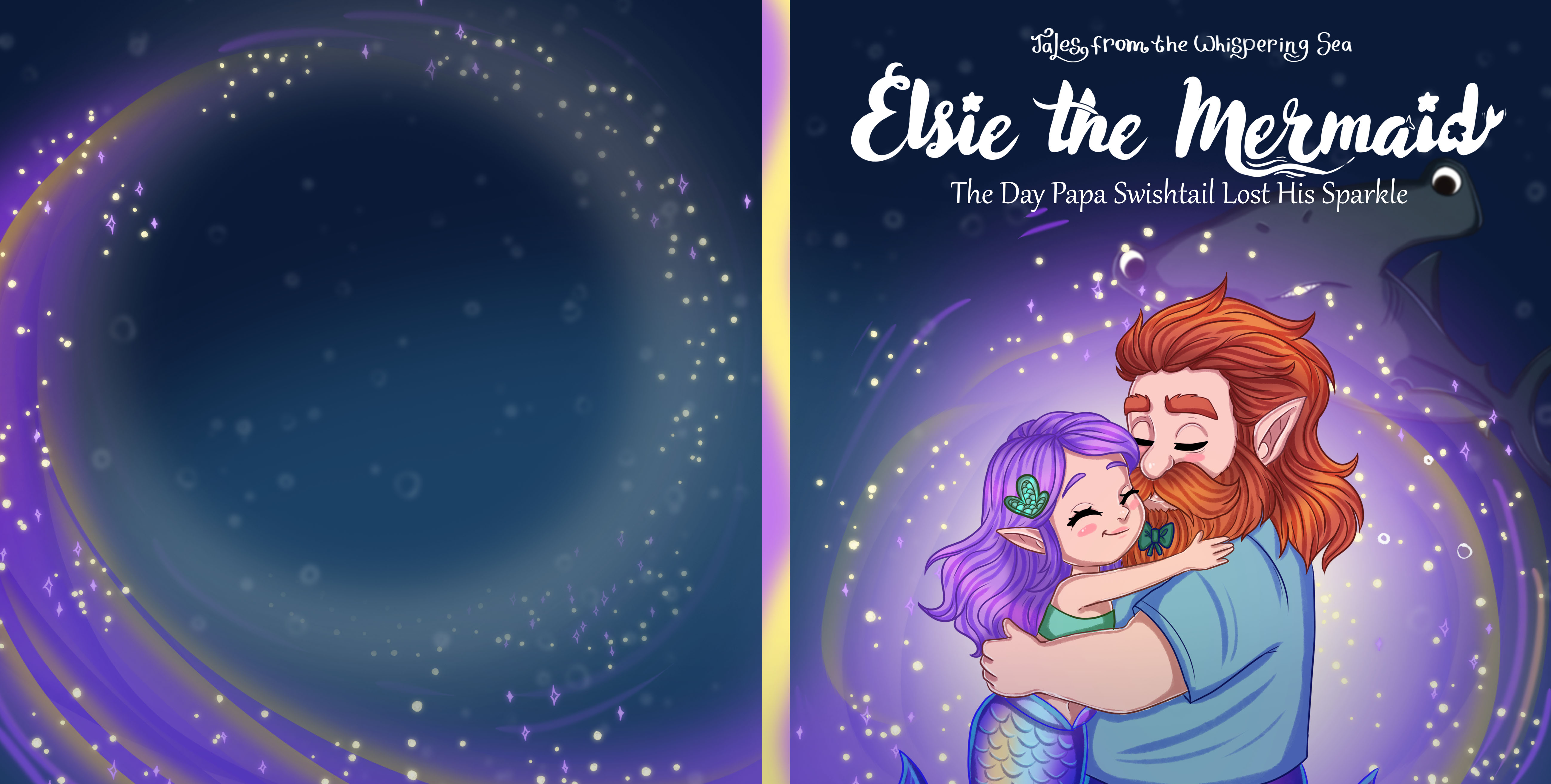 Elsie the Mermaid - The Day Papa Swishtail Lost His Sparkle - Book Cover showing Elsie hugging Papa Swishtail under a starry sea
